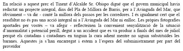 Resposta de l'Ajuntament de Gav&agrave; al prec d'ERC de Gav&agrave; on sol&middot;licitaven la instal&middot;laci&oacute; de baranes als ponts sobre les corredores de l'avinguda del mar (25 de setembre de 2008)
